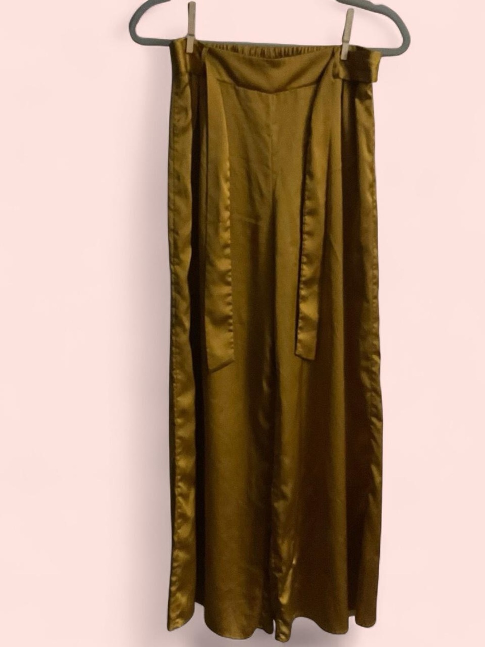 Gold Satin Wide Leg Trousers with Waist Tie